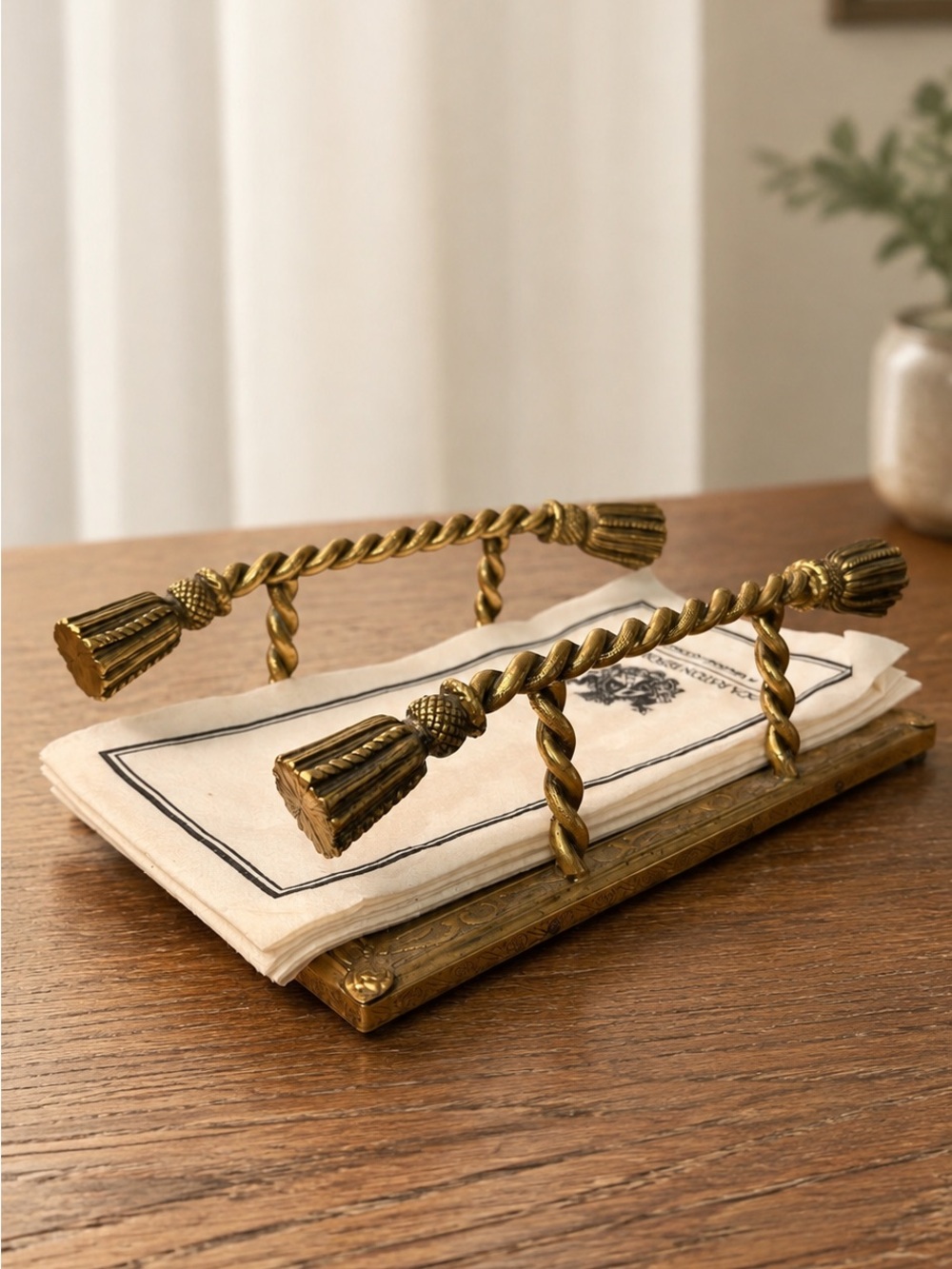 Vintage Brass Napkin Holder Mirrored Tray Tassel Handles Hollywood Regency Decor